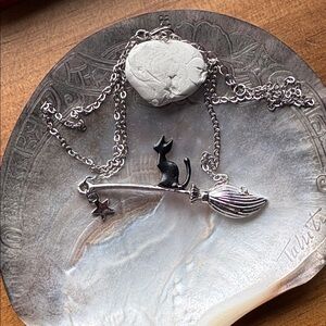 Silver Cat and Broomstick Necklace